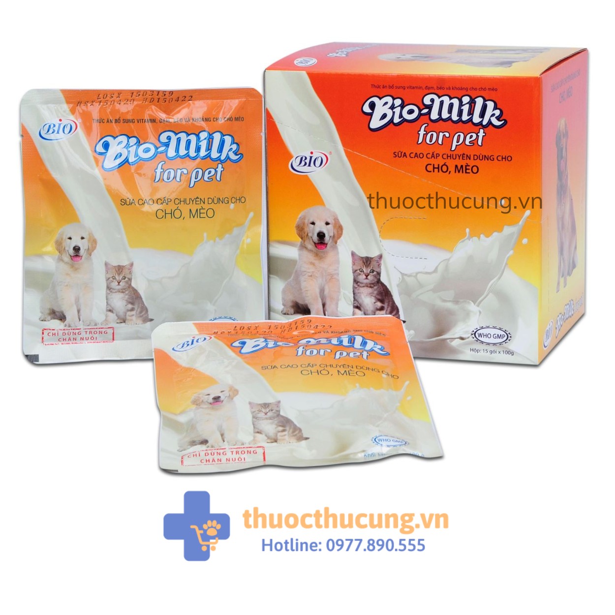 Bio-milk for pet (1) BIO MILK For Pet với thành phần giàu chất dinh dưỡng, cân đối và rất dễ tiêu hóa tương tự sữa mẹ, có tác dụng thay thế sữa mẹ trong trường hợp chó, mèo mất sữa hoặc thiếu sữa do bầy con quá đông, đồng thời là nguồn bổ sung chất dinh dưỡng cho chó, mèo còi cọc, chậm lớn.