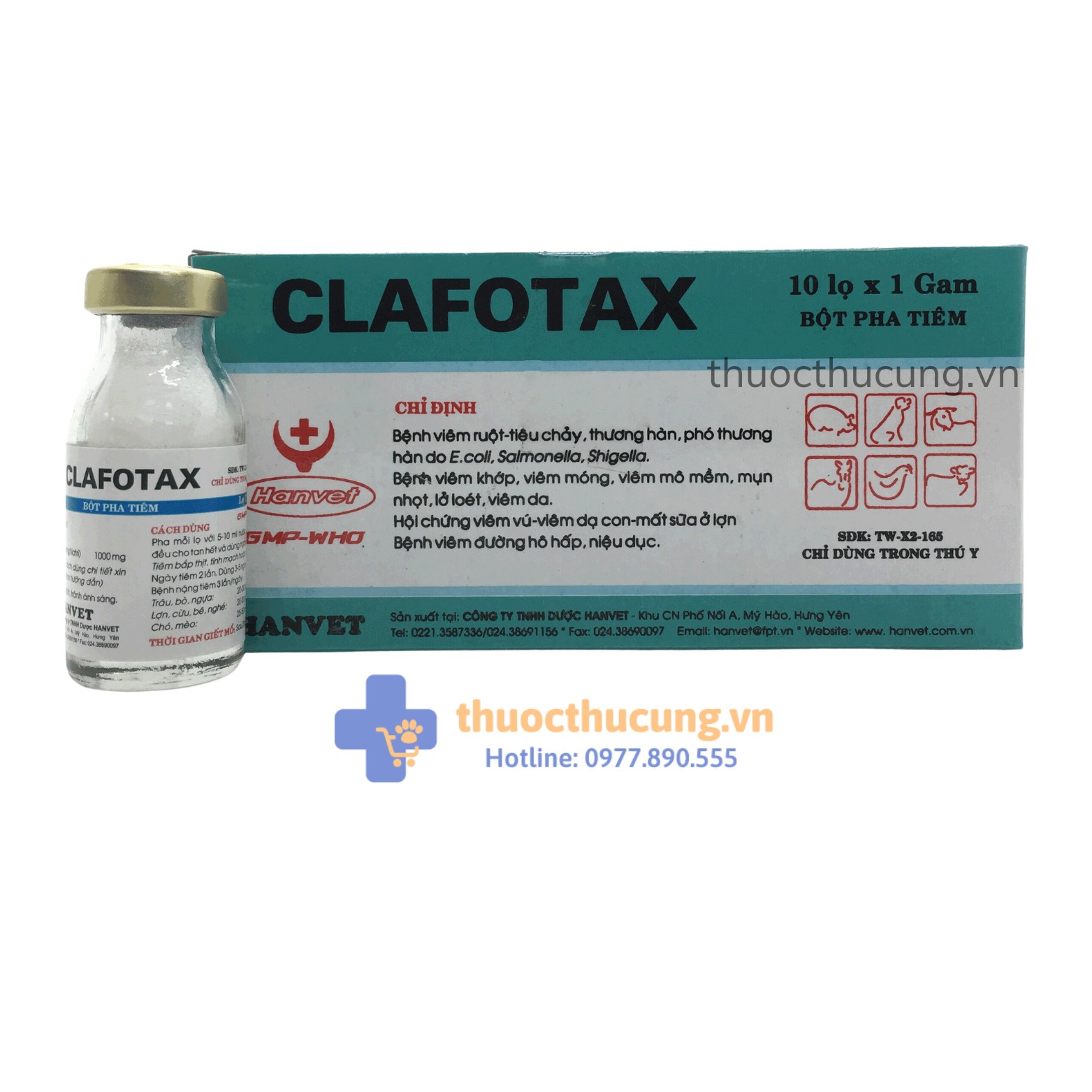 kháng sinh đặc trị bệnh chó mèo Clafotax-1. Đặc trị các bệnh nhiễm khuẩn hô hấp, tiêu hoá, niệu dục trên chó mèo