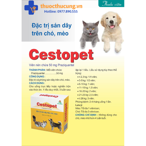 Cestopet ( viên) (1) Cestopet ( viên). Đặc trị sán dây trên chó, mèo