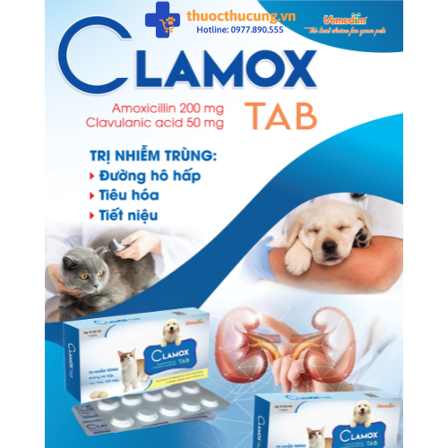 Clamox Tab (viên) (1) Clamox Tab (viên). Trị nhiễm trùng da, mô mềm, nhiễm khuẩn đường tiết niệu, hô hấp, viêm ruột trên chó, mèo.