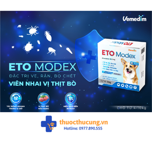 ETO Modex (viên nhai) (2) ETO Modex (viên nhai) diệt ve, rận, bọ chét, điều trị viêm da do Demodex, Sarcoptes cho chó