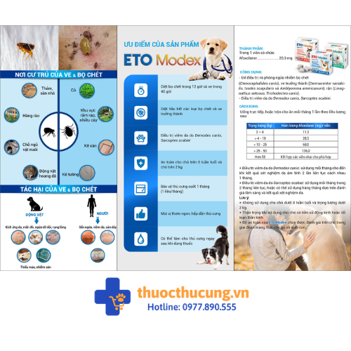 ETO Modex (viên nhai) (5) ETO Modex (viên nhai) diệt ve, rận, bọ chét, điều trị viêm da do Demodex, Sarcoptes cho chó