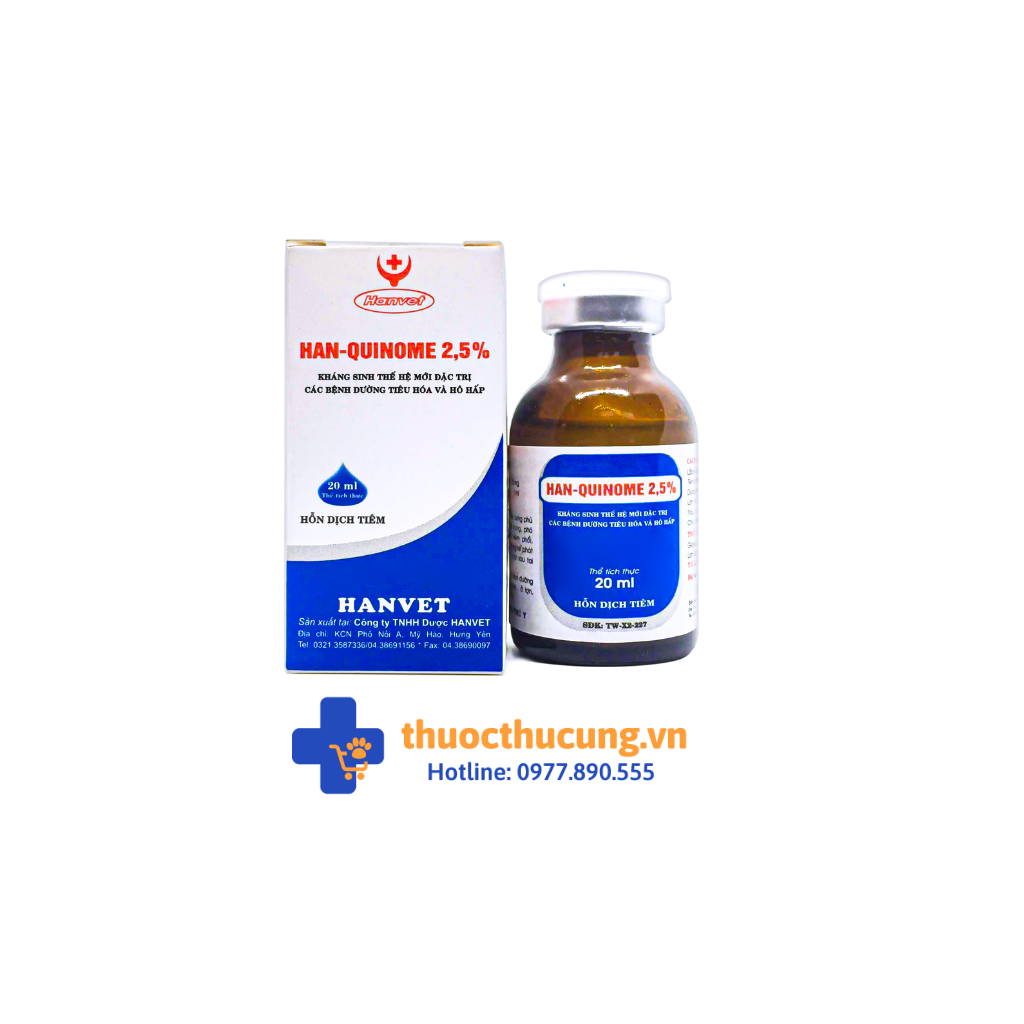 Han-Quinome 2,5% (1) Đặc trị viêm ruột tiêu chảy, sưng phù đầu do E. coli, tụ huyết trùng, phó thương hàn, hen suyễn, viêm phổi, viêm màng phổi, nhiễm trùng kế phát bệnh truyền nhiễm, kế phát sau tai xanh (PRRS), LMLM. Trị viêm vú, viêm tử cung, viêm đường tiết niệu, lepto (bệnh nghệ)... ở lợn, trâu, bò dê, cừu, chó, mèo.