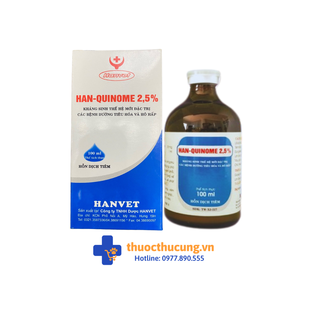 Han-Quinome 2,5% (2) Đặc trị viêm ruột tiêu chảy, sưng phù đầu do E. coli, tụ huyết trùng, phó thương hàn, hen suyễn, viêm phổi, viêm màng phổi, nhiễm trùng kế phát bệnh truyền nhiễm, kế phát sau tai xanh (PRRS), LMLM. Trị viêm vú, viêm tử cung, viêm đường tiết niệu, lepto (bệnh nghệ)... ở lợn, trâu, bò dê, cừu, chó, mèo.