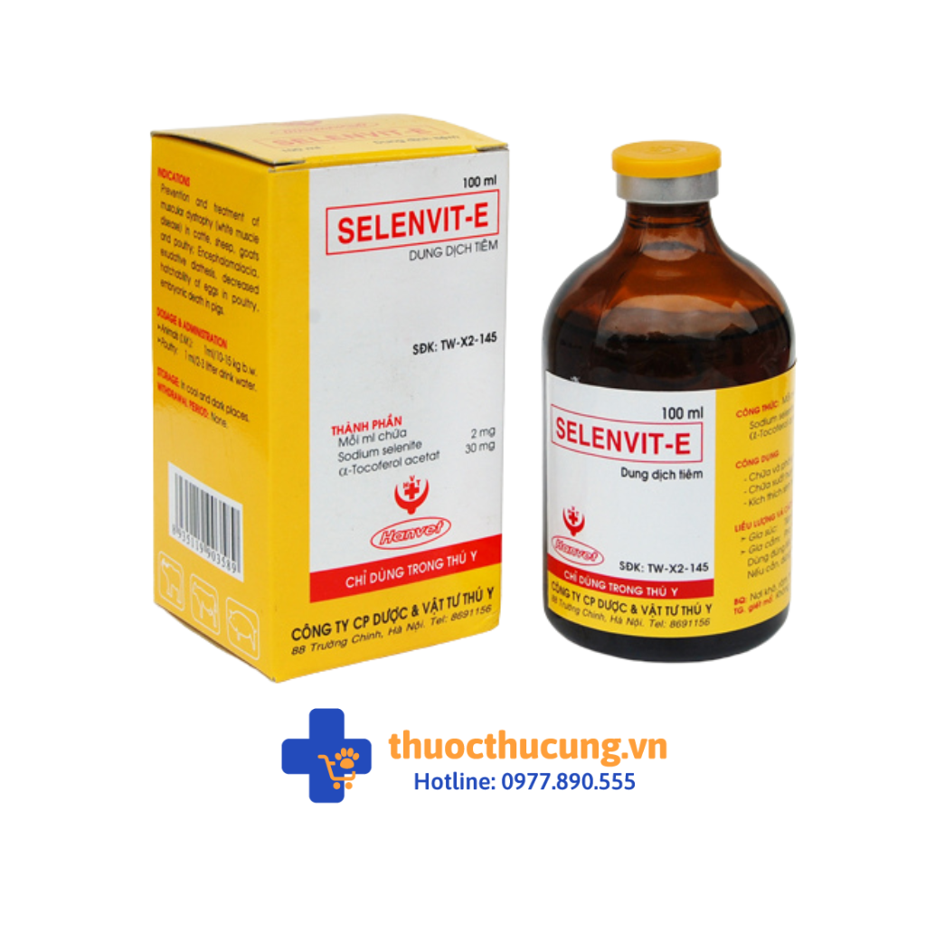 Phòng và chữa các bệnh thiếu Vitamin E và Selen ở gia súc, gia cầm. Chữa viêm cơ, thoái hóa cơ (trắng cơ), viêm não, xuất huyết, tràn dịch, phù nề, vật nuôi còi cọc, chậm lớn.